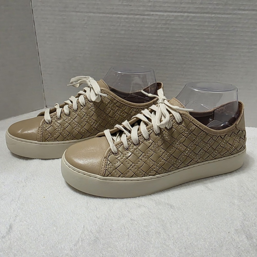 Frye Lena Woven Womens Sneakers Sz 8.5 Tan Leather Low Top Lace Up Comfort Shoe